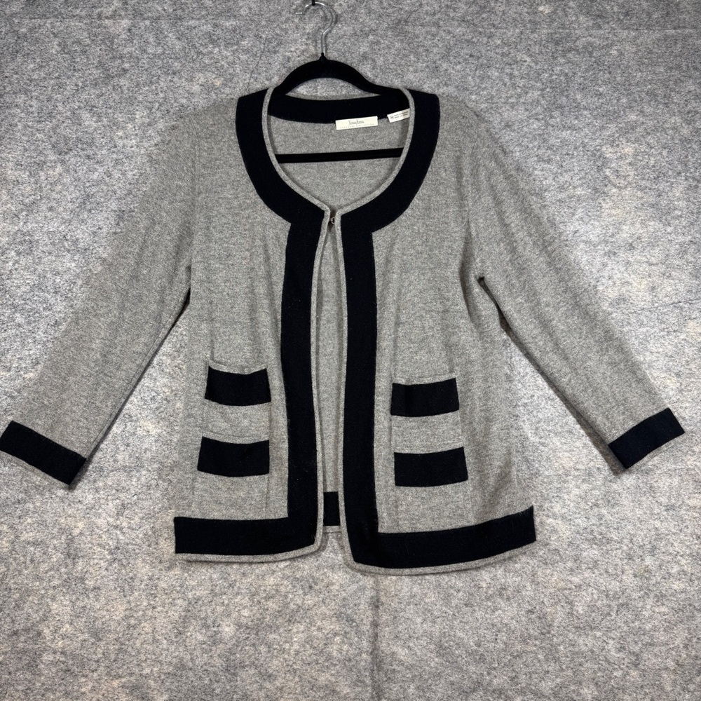 Neiman Marcus Gray Black Cashmere Cardigan Open Front Quiet Luxury Minimalist M - Picture 2 of 14